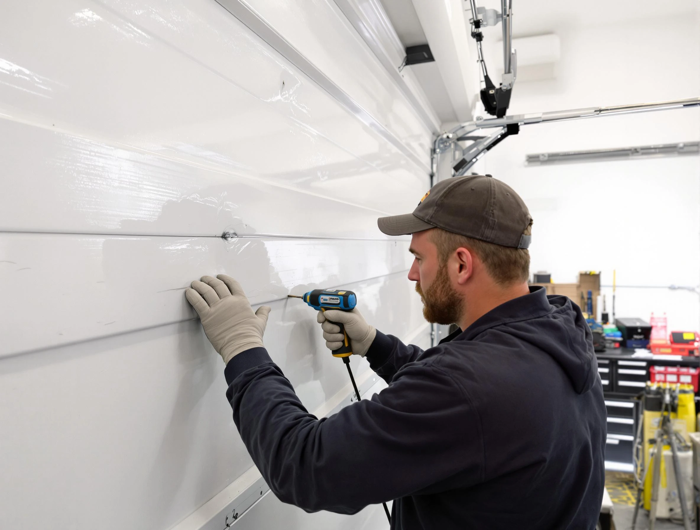 Frederick Garage Door Repair technician demonstrating precision dent removal techniques on a Frederick garage door